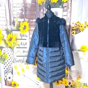Blue Duck Large down blue 3/4 length coat with fox and rabbit fur.